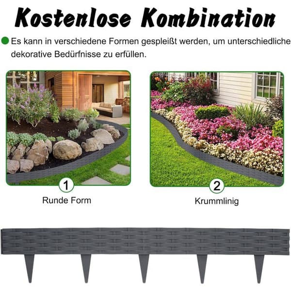 100 cm gräskant, flexibel rabattkant i plast med rottinglook, trädgårdsstaket för gräsmatta