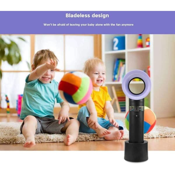 Bærbar USB blæser uden blade. Mini genopladelig lydløs bordventilator med base - sort.