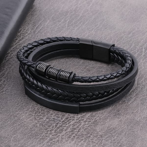 Flerlags vævet læderarmbånd med spænde i rustfrit stål 22 cm