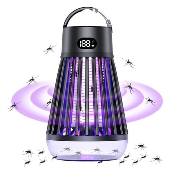 2000V Myggedræberlampe, Multifunktionel 2-i-1 Lampe, Tre Sæt Lilla Lysbølger, IPX5 Vandtæt, Sort