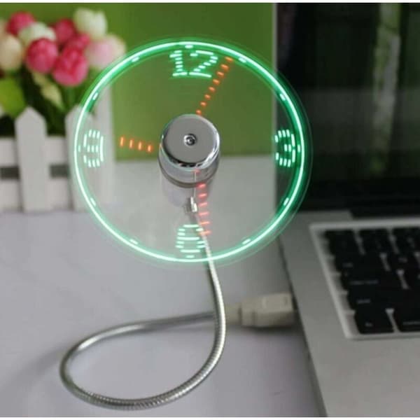 Mini USB-urventilator. Fleksibel svanehals LED-urventilator med tidsvisning via USB.