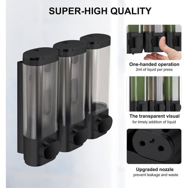 Väggmonterad tvåldispenser, schampodispenser, duschgeldispenser, set med 3 tvåldispensrar, ingen borrning krävs, svart