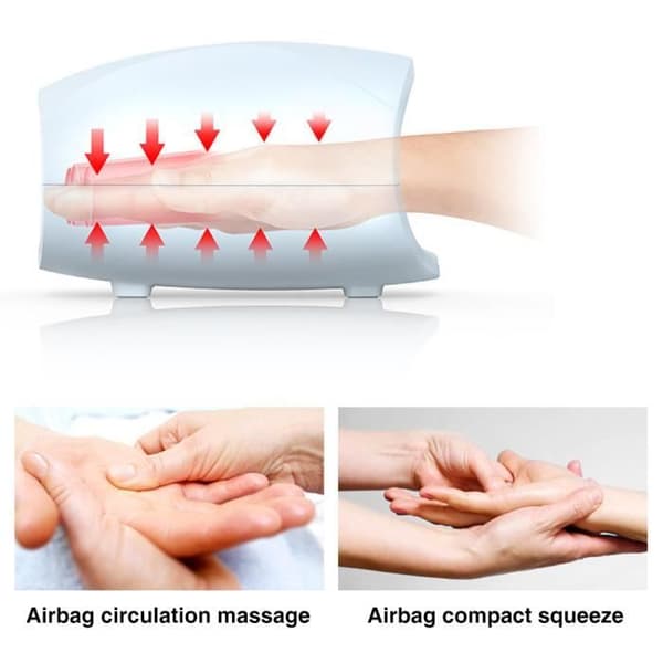 Vit uppvärmd handmassageapparat, fysioterapi, luftkompression, pressoterapi för handflata och fingrar