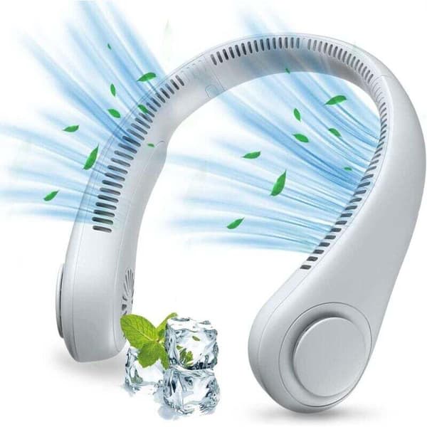 Bærbar halsventilator. USB-halsventilator. Bladløs håndfri ventilator. Tre blæserhastigheder (hvid).
