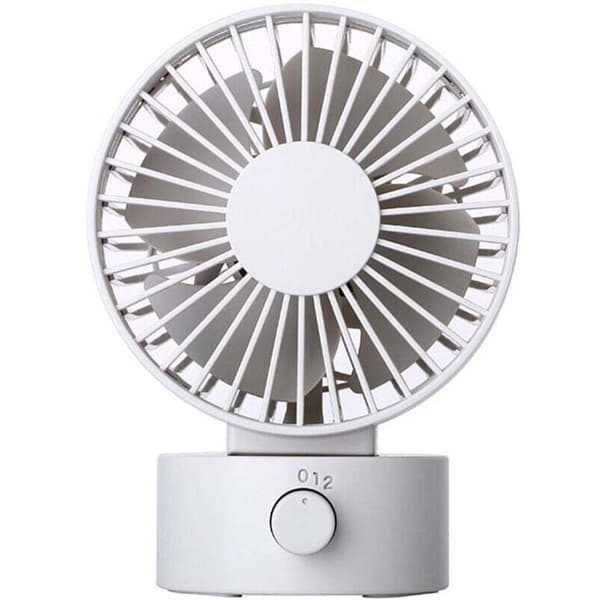 Miniskrivebordsventilator, mål: 102 × 79 × 138 mm. Stille drift. Tre ventilatorhastigheder - hvid.