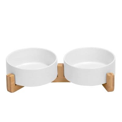 Dobbel keramisk skål med bambusstativ for katter og hunder (400 ml, hvit)