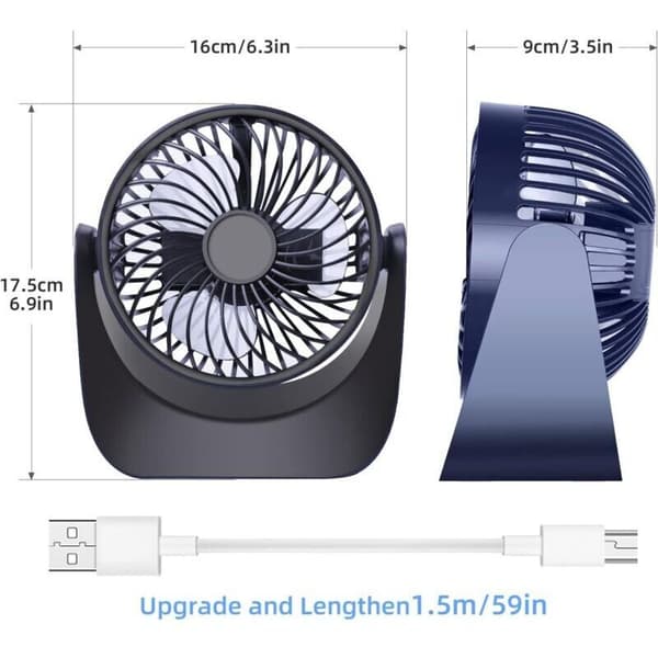 Mini USB-blæser, støjsvag drift, tre hastigheder – 360° rotation – børsteløs motor – mørkeblå