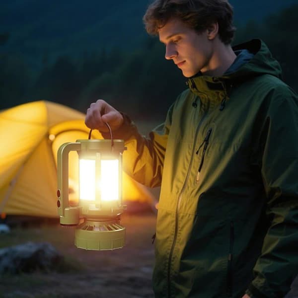 LED Campinglampe, LED Lommelygte med Ventilator, Genopladelig Solcellelommelygte med 4 Lystilstande