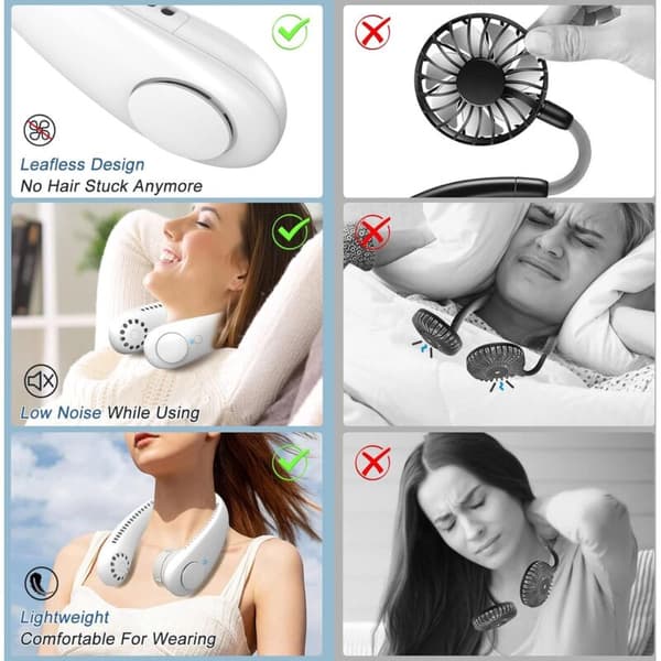Halsventilator. Bladløs USB-ventilator. Tre hastigheder. Bærbar og genopladelig halsventilator - hvid.