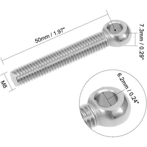 2 stk. øyebolt løftering M8 x 50 mm 304 rustfritt stål gjenger