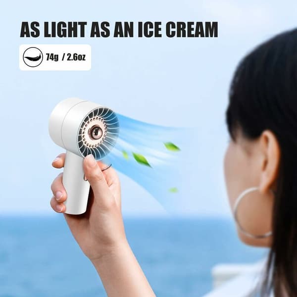 Mini bærbar ventilator, tre blæserhastigheder, støjsvag drift. USB genopladelig, hurtig opladning - hvid.