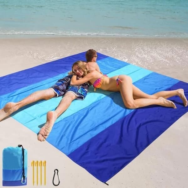 Strandtæppe, 210 × 200 cm, velegnet til 2 til 8 personer ved rejser, camping strandmåtte.