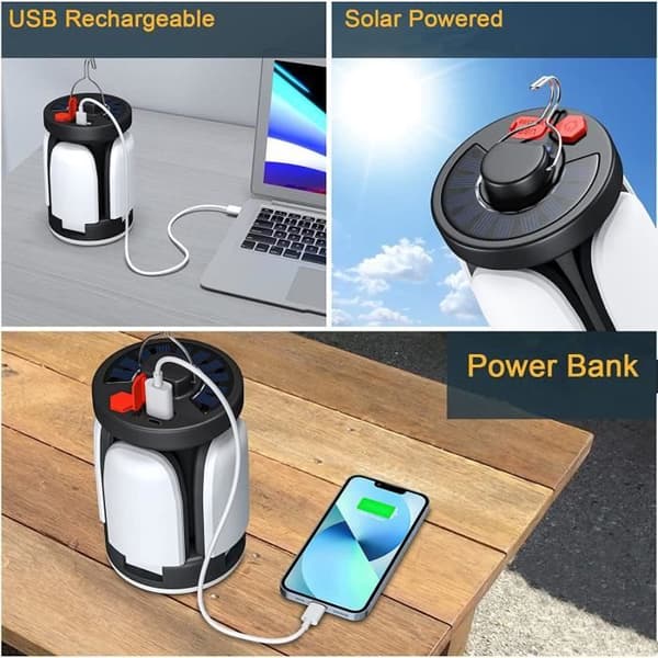 Solcelle- og batteridrevet campinglampe - Sammenleggbar LED - 6 lysmoduser