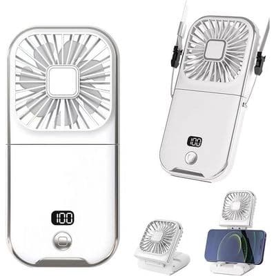 Mini bærbar lommeventilator med variabel hastighed, LED digitalt display og mobiltelefonholder