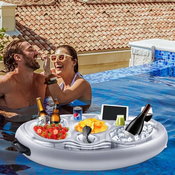 Uppblåsbar dryckeshållare. Flytande poolbar med 8 hål. Salladsdryckeshållare (grå)
