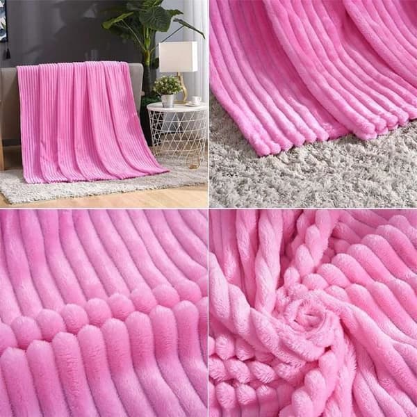 Tæppe - Flonel - 180x200 cm - Mikrofiber - Lys rosa - Stribet tekstur