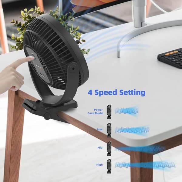 20 cm USB-klemmeventilator, genopladelig, 720° rotation, 4 blæserhastigheder, bærbar - sort