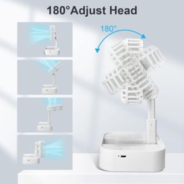 Mini bærbar ventilator. Genopladelig bordventilator. Tre ventilatorhastigheder - hvid.