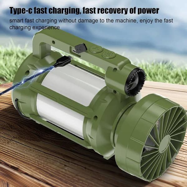 LED Campinglampe, LED Lommelygte med Ventilator, Genopladelig Solcellelommelygte med 4 Lystilstande