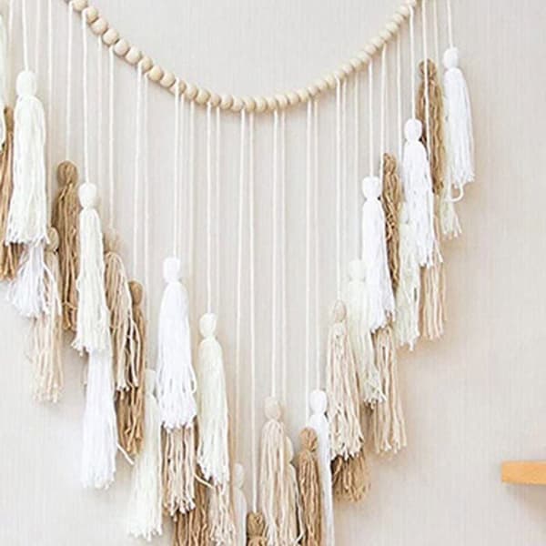 Stor Makrame Väggbonad 39 x 43 tum Vävd Boho Gobeläng Vit Beige Makrame Väggdekor med Pärla