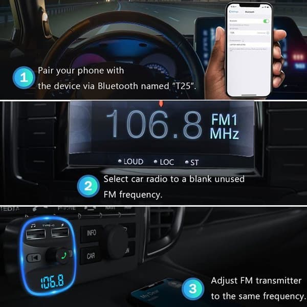Bluetooth FM-sender, Bluetooth MP3-afspiller trådløs radioadapter bil FM-sender kit oplader, håndfri opkald