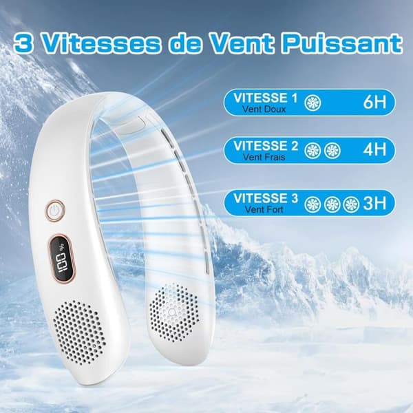 Bærbar halsventilator. Tre blæserhastigheder, bladløs. USB-interface med hvid LED-strømindikator.