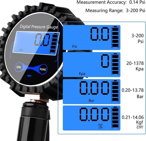 200PSI Digital Däcktrycksmätare med Uppblåsningspistolmunstycke och Kompressor med LCD-skärm