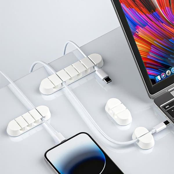 [7 delar] Självhäftande kabelorganisatör, för stationär dator, USB-laddningskabel, hemmakontor - Vit