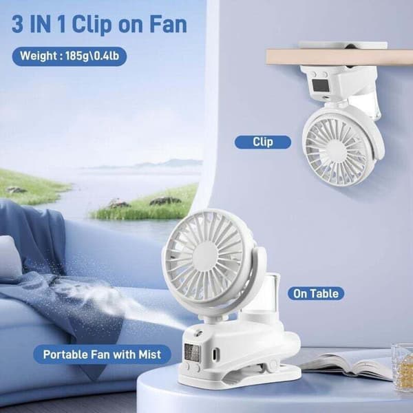 Mini genopladelig bærbar ventilator. Bærbar ventilator med fire hastigheder. USB bærbar ventilator - hvid.