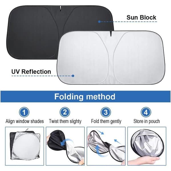 Anti-UV solskjerm 142×80 cm, sammenleggbart interiør frontrutedeksel for bil, SUV, lastebil, termisk isolasjon (L)