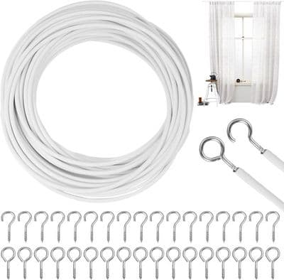 Gardinbånd 10M Hvit Kabel - 25 Øyebolter - 25 Skrukroker