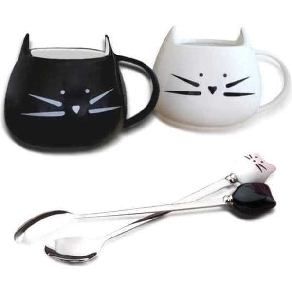 Keramisk mugg, söt kattdesign, 500 ml - Svart och vit - Tål diskmaskin