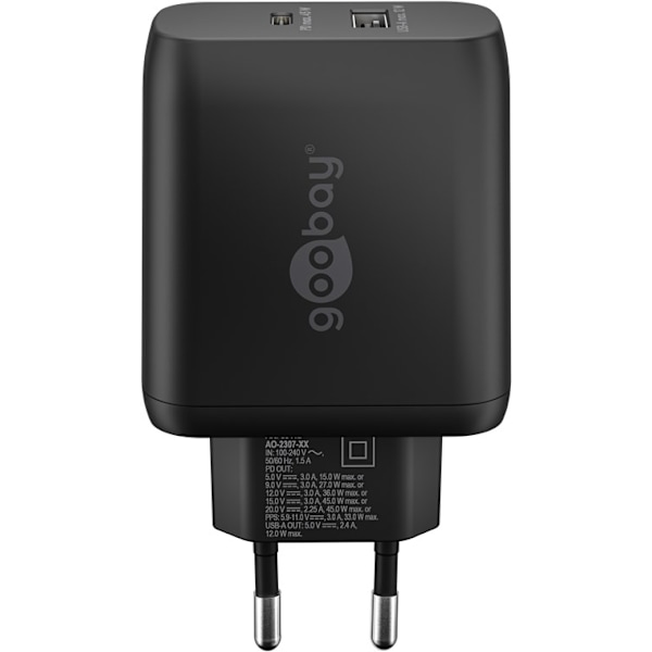 USB-C™ PD GaN dobbelt hurtigoplader (45 W) sort