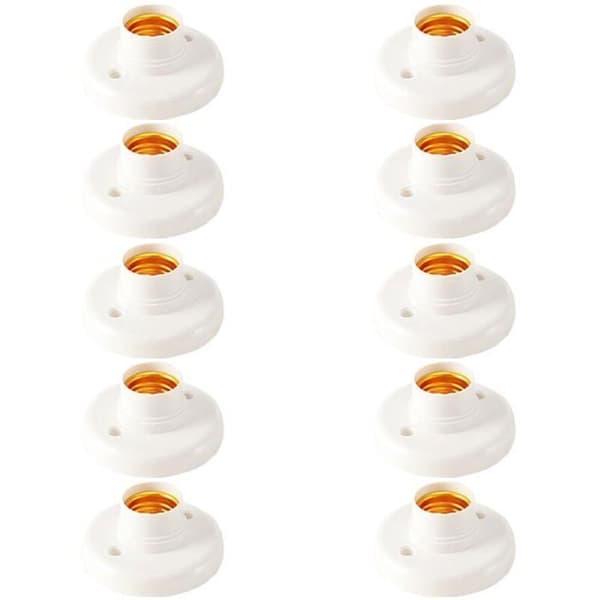 E27 Lampeholder, 10 Stykker - Plast - Hvit - Rund Base