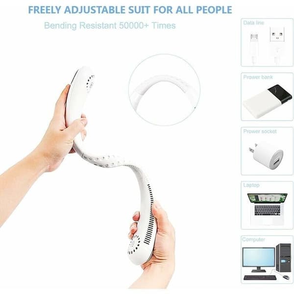 Bærbar halsventilator. USB-halsventilator, bladløs og håndfri. Tre ventilatorhastigheder. (Hvid)