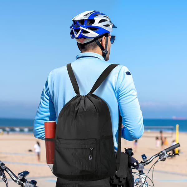 Lightweight Drawstring Backpack with Water Bottle Holder and Pockets, Gym Sport Cinch Sackpack (Black)