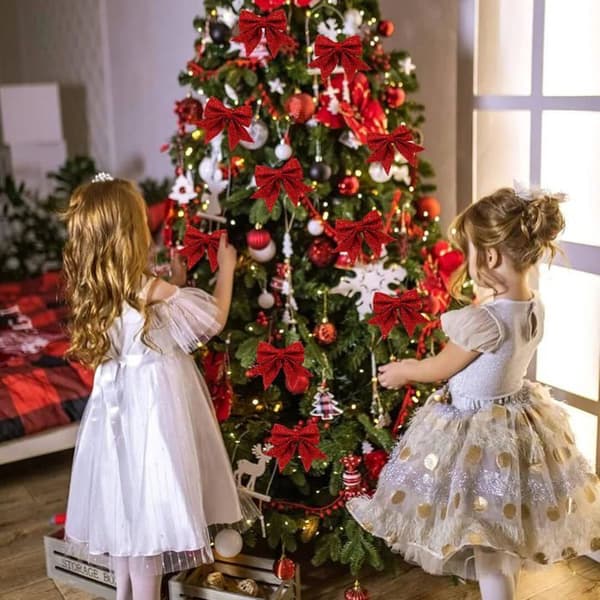 Juldekorationer Set med 10 röda glitterrosetter - Expanderad polyeten - Hängande - Elegant