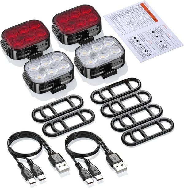 Sykkellykt - Oppladbart sett - IPX5 vanntett - 4 moduser foran - 6 moduser bak
