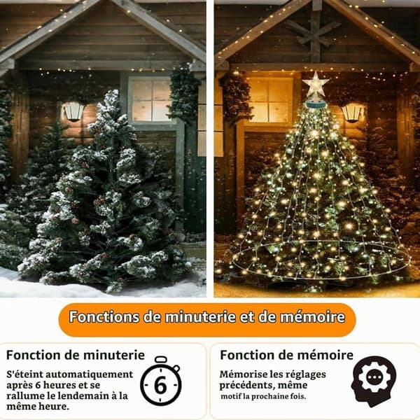 Juletrelys med ring og stjerne, 450 LED-lys, 2m*18 strenger, 8 lysmoduser