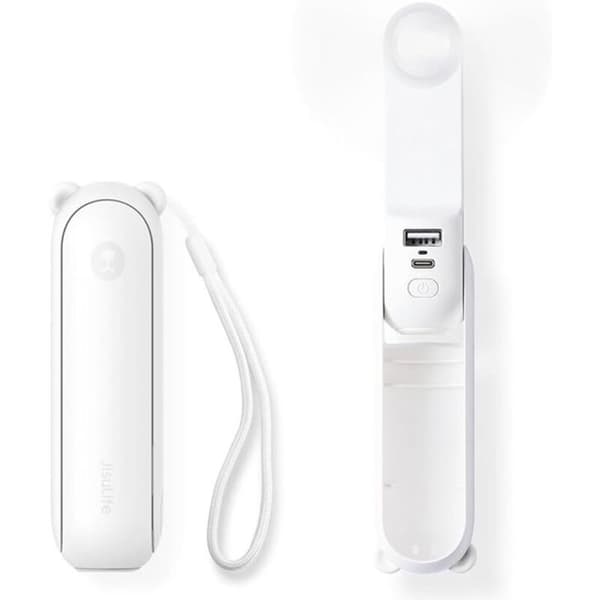 Premium mini bærbar vifte, 2000 mAh, USB oppladbar, med ladefunksjon. Hvit.