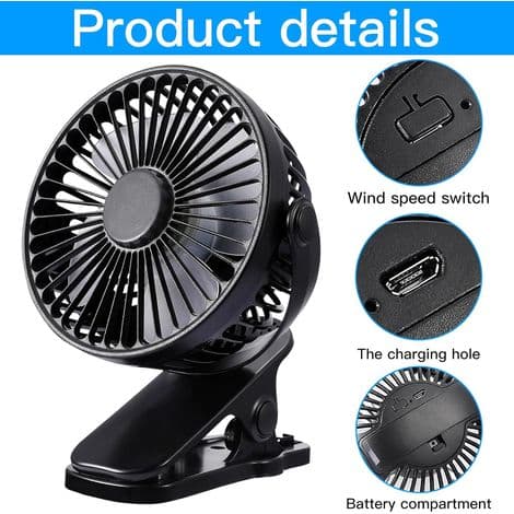 Bordventilator. Mini clip-on ventilator. USB-ventilator, 3 hastigheder, 720° rotation, bærbar og genopladelig.