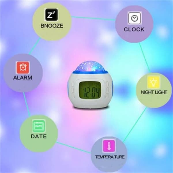 Vekkerklokke med projeksjon, musikk, stjernehimmel, kalender, termometer, LED-display, alarm og slumrefunksjon.