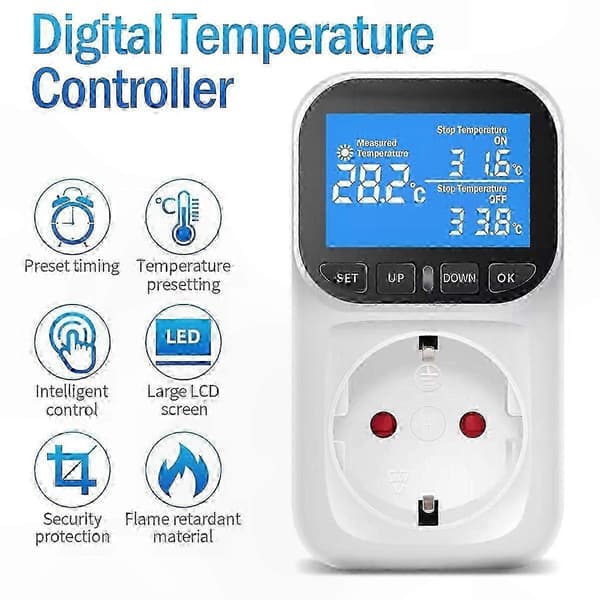 Digital Temperaturkontroller Stikkontakt Termostat EU Plugg med Fjernkontroll