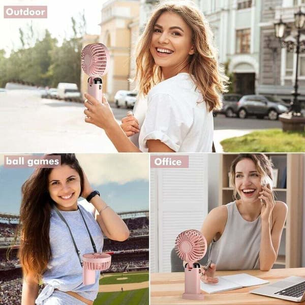 Mini bærbar ventilator, USB genopladelig, 5 blæserhastigheder, med stativ. Sammenfoldelig bordventilator - pink.