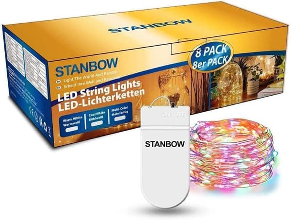Homefire LED-ljusslinga, 8-pack, 2 m, 20 batteridrivna ljusslingor, juldekoration