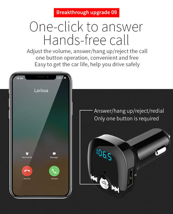 Auton FM-lähetin - Bluetooth-sovitin QC3.0-autolaturilla