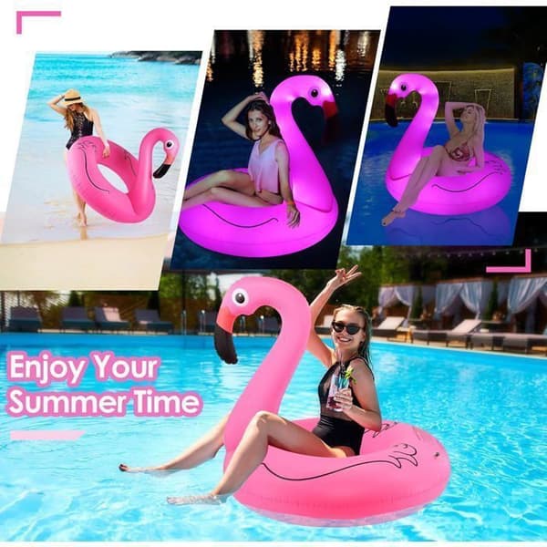Oppustelig Flamingo Pool Float med Solcellelys, Oppustelig Pink Flamingo, Stor Flamingo Pool Float til Voksne, Flamingo Pool Float - 1 stk