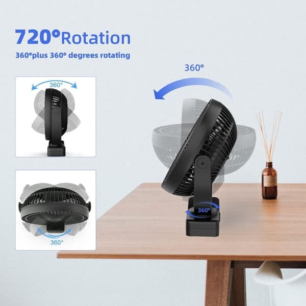 20 cm USB-klemmeventilator, genopladelig, 720° rotation, 4 blæserhastigheder, bærbar - sort