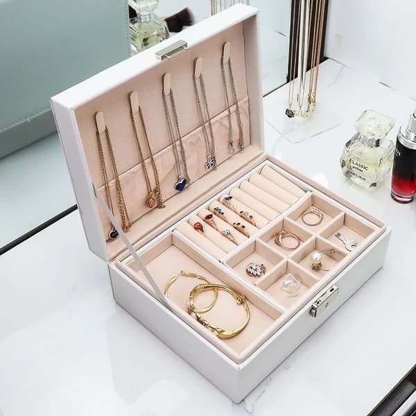 Portable Double Layer Jewelry Box with Lock White Black