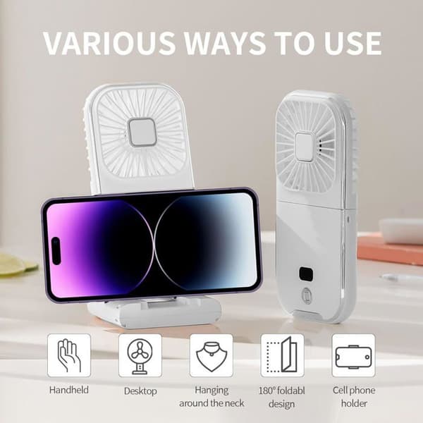 Mini bærbar lommevifte med variabel hastighet, LED digitalt display og mobiltelefonholder